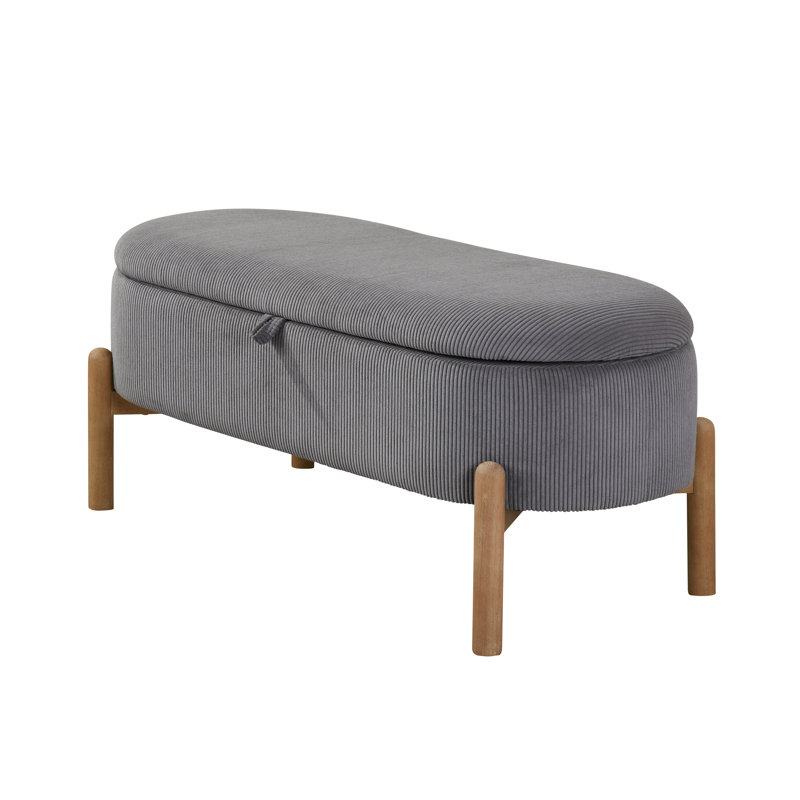 Storage Bench Gray Cushioned Seat Corduroy Upholstery Lift Top Solid Wood Legs 1Pc