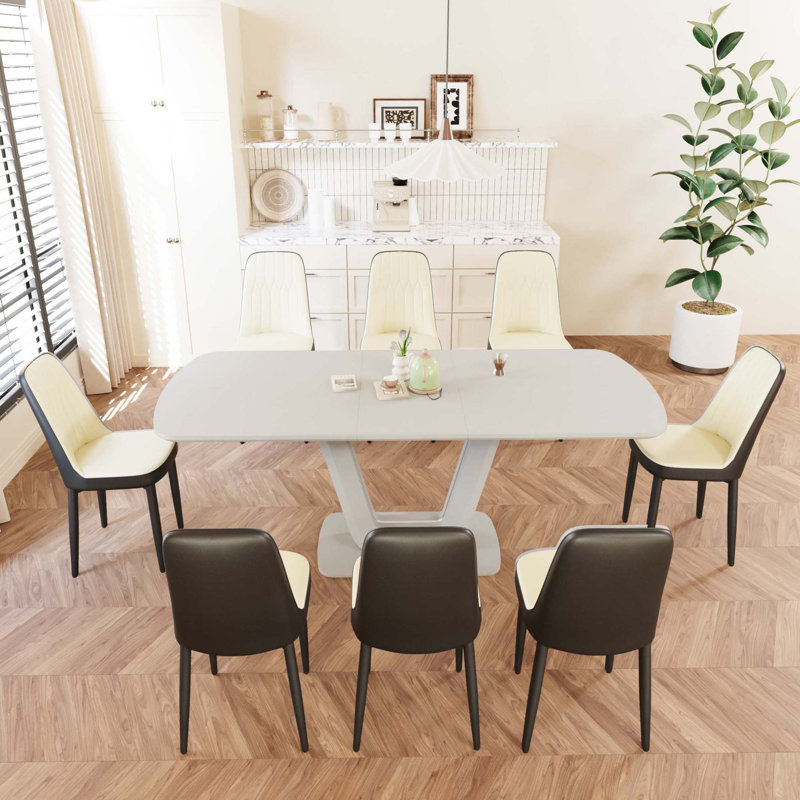 62.99-78.74" Expandable Dining Table Set For 2-8 People, With 8 PU Fabric Thick Padded Dining Chairs And An Dining Table, Kitchen Table And Chairs, With U-Shaped Table Legs
