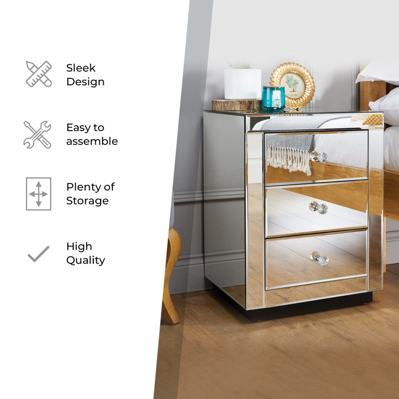 Yerington Mirrored 3 Drawer Nightstand Modern Design Bedside Table