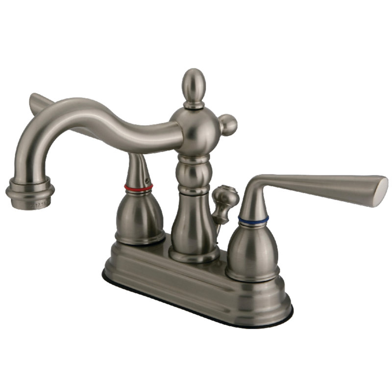 Kingston Brass Silver Sage Two-Handle 3-Hole Deck Mount 4" Centerset Bathroom Faucet with Brass Pop-Up, Brushed Nickel