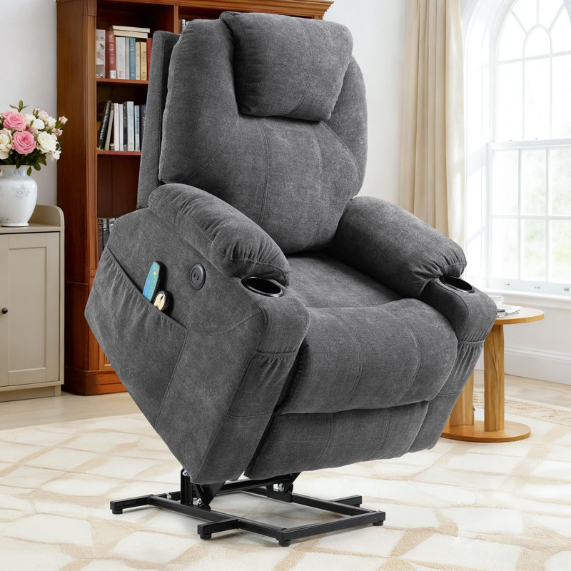  Electric Power Lift Recliner Chair With Heat & Massage For Elderly, Classic Ergonomic Single Lounge Sofa Home Theater Seat For Living Room With Side Pockets, Usb Port & 2 Cup Holders, Gray