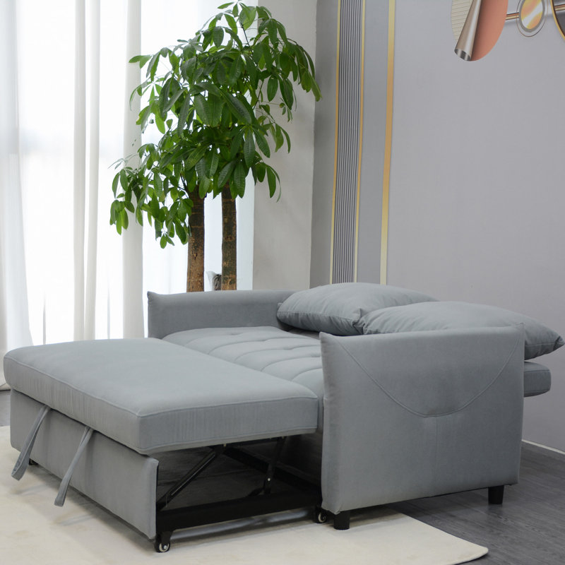 Canapé-lit convertible moderne 3 en 1 avec canapé-lit, canapé-lit convertible, futon bleu clair avec 2 coussins et poches de rangement latérales, dossier réglable en velours, pour le salon