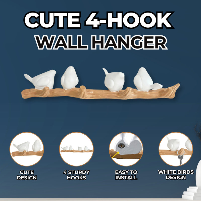 Ruffus Rustic Polyresin Bird & Branch Coat Rack, 4-Hook Design
