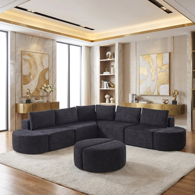 Modular Boneless Sofa Set In Chenille Fabric, Featuring Six Decorative Pillows And Four Curved Footstools