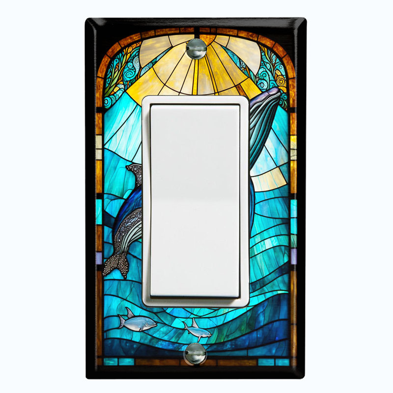 Cute Whale Glass Art Print Copper Rust Patina Teal Print 1 - Gang Toggle Light Switch Standard Wall Plate