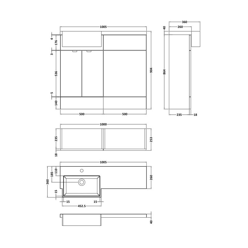 1000mm Single Bathroom Vanity with Integrated Polymarble Basin, Anthracite Woodgrain