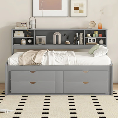 Full Size Wood Daybed With 2 Bedside Cabinets, Upper Shelves And 4 Drawers