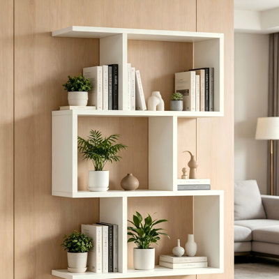 3-Tier Geometric Freestanding White Bookshelf, Open Display Storage Bookcase for Living Room Bedroom