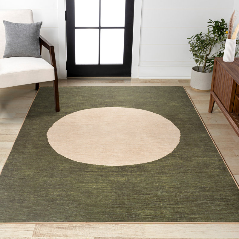 Cirkel Minimalist Geometric Dot Machine-Washable Green/Cream Rug, Runner 2' x 8'