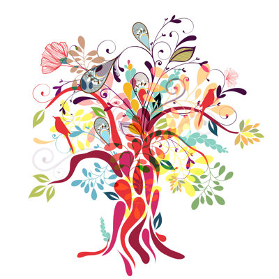 " Colorful Tree Alive With Life, Birds, Flowers, Illustration, On White "