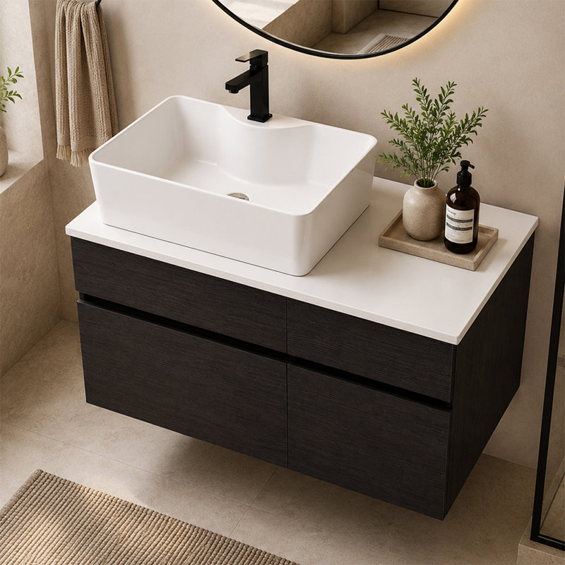 Meuble-lavabo mural 31,5 po avec lavabo, armoire murale et tiroir 31,5 po, Noir