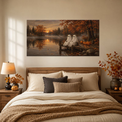  Art d'Halloween sur toile, scène de lac rétro rustique, citrouille fantôme mignonne, œuvre d'art, peinture gothique d'automne sereine, images amusantes et amusantes, prêt à être accroché au mur pour le canapé du salon, 16 x 32 po