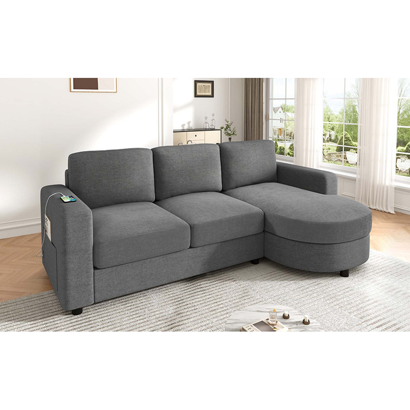 Canapé modulaire moderne en L de 84,6 po avec méridienne courbée, ports USB et poches de rangement latérales pour le salon