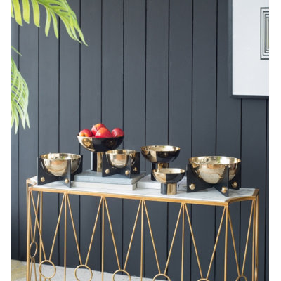 Set Of 3 Round Bowls, Black And Gold Aluminum Finish, Sturdy Metal Stand