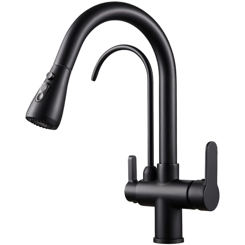 Kitchen Sink Faucet with Pull Down Sprayer 2 Handle 3 in 1 Water Filter Purifier Faucets, Matte Black