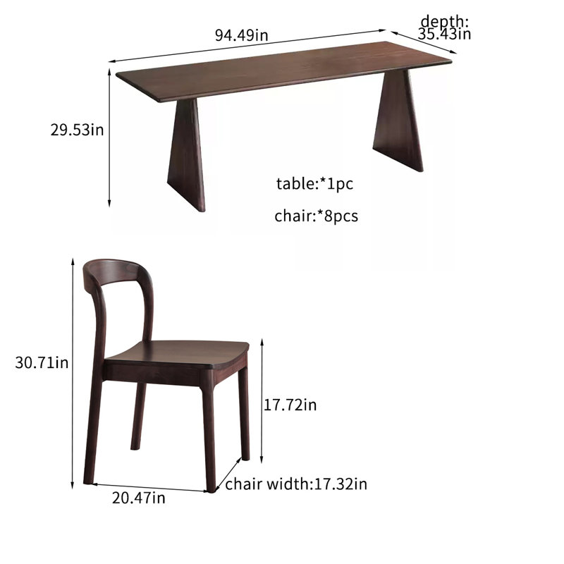 Ensembles de table de salle à manger modernes en bois massif., H 29,53 po x L 94,49 po x l 35,43 po