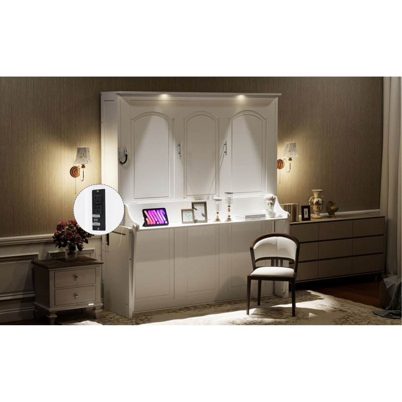 Grand lit avec bureau, lumières à DEL et charge - blanc, peu encombrant pour la salle d'étude, fonctionnalité moderne, éclairage mural du lit, look, capacité de poids élevée
