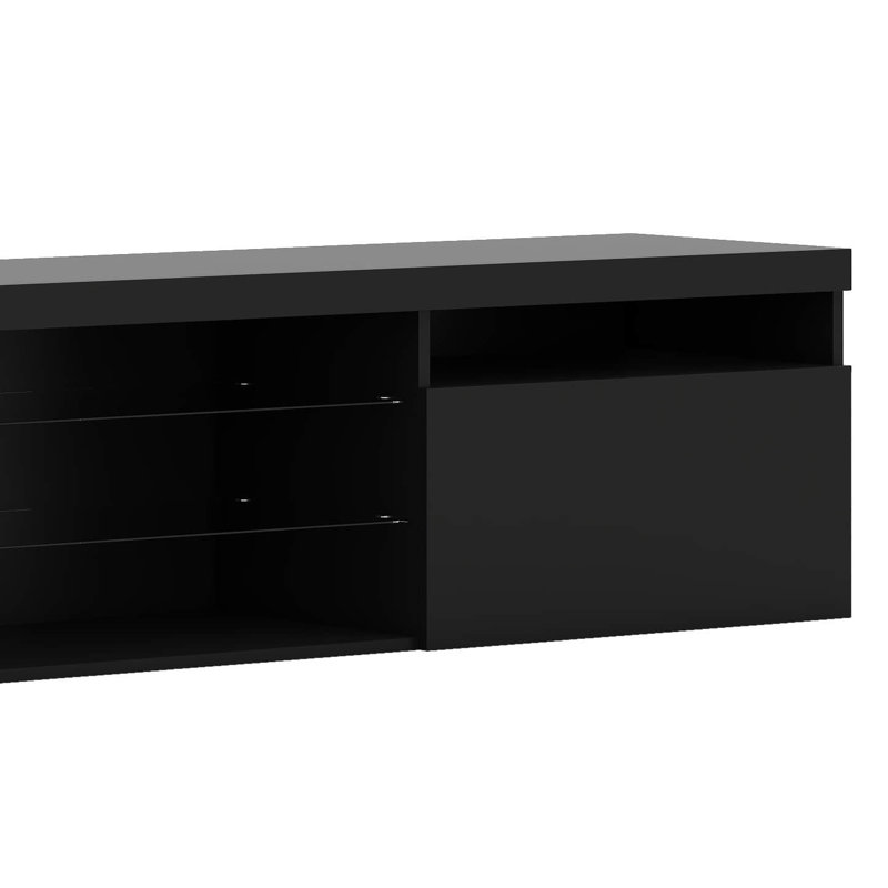 Meuble télé avec lumières DEL - 2 tablettes en verre et armoires de rangement cachées, Noir
