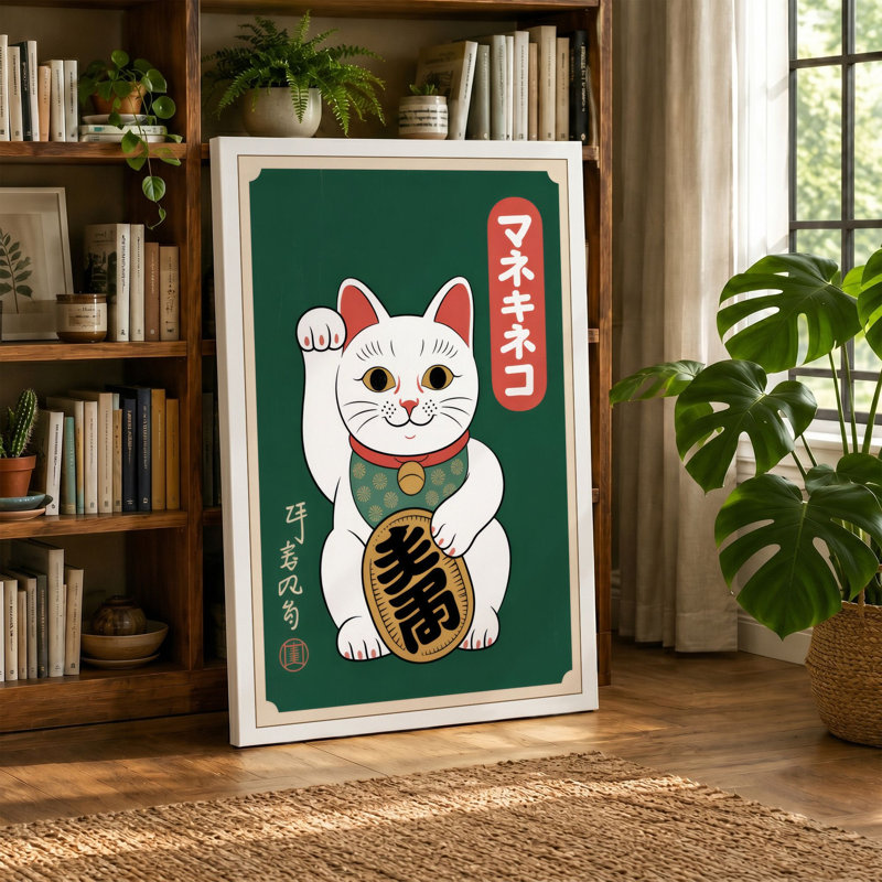 Lucky Cat Japandi - Wrapped Canvas, 24x16 - 61.0 x 40.6 cm, Cream Border