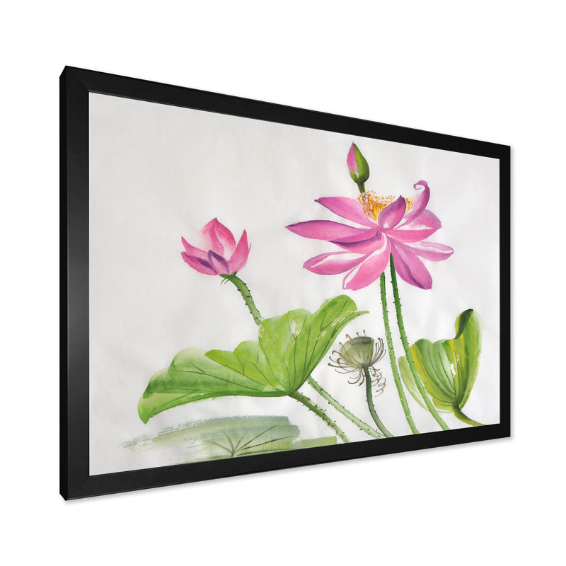 Deux fleurs de lotus roses - Peinture sur toile, H 30 po x l 40 po x 1,5 po, Cadre noir