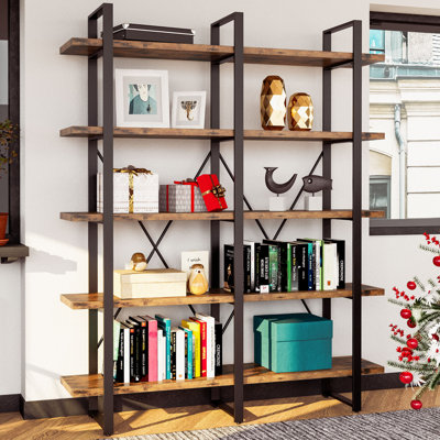 Wynot 70 H x 53.1 W Bookcase Double Wide 5 Tiers, Etagere Industrial Bookshelf with Metal Frames, Bookcase with Open Display Shelves