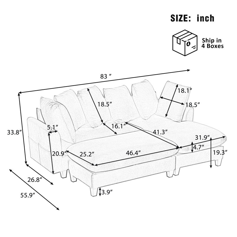  Canapé modulaire en L avec rangement, repose-pieds mobile et 6 coussins décoratifs pour le salon, noir, Noir