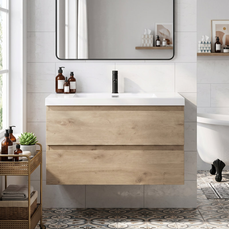 Meuble-lavabo suspendu de 91 cm (36 po), armoire en mélamine de bois avec lavabo intégré en résine et carbonate de calcium, préassemblé