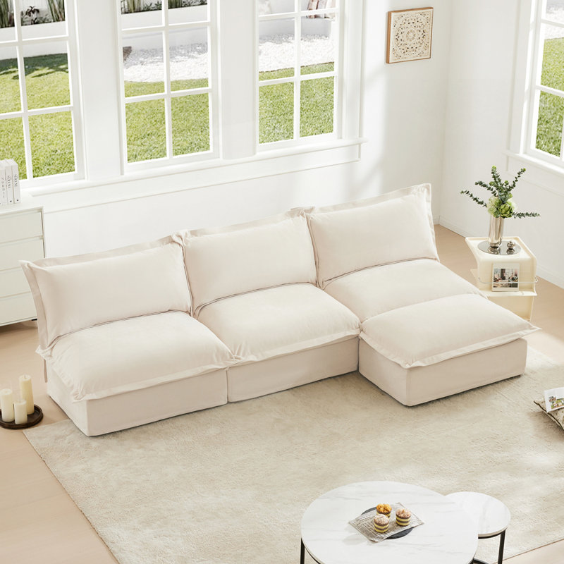 Canapé modulaire polyvalent en chenille avec repose-pieds réversible pour un confort ultime, Chenille crème