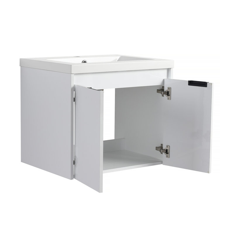 Meuble-lavabo de 36 po avec lavabo en résine, 2 portes à fermeture douce et 1 armoire latérale, conception à fixation flottante, blanc brillant, contreplaqué