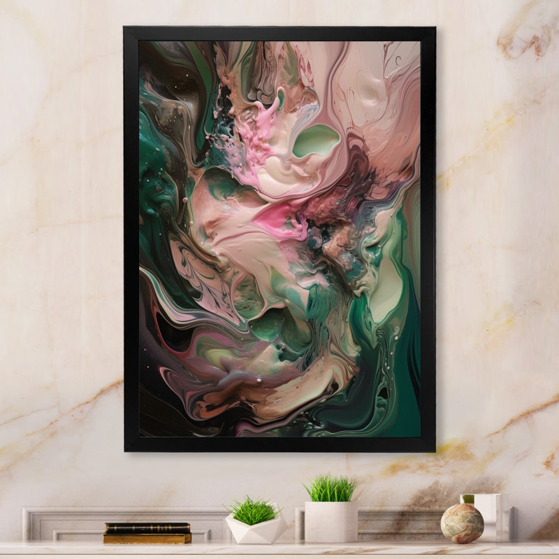 Rose et vert, monde intérieur de marbre IV - art mural abstrait géométrique, H 20 po x l 12 po x P 1 po, Cadre photo noir