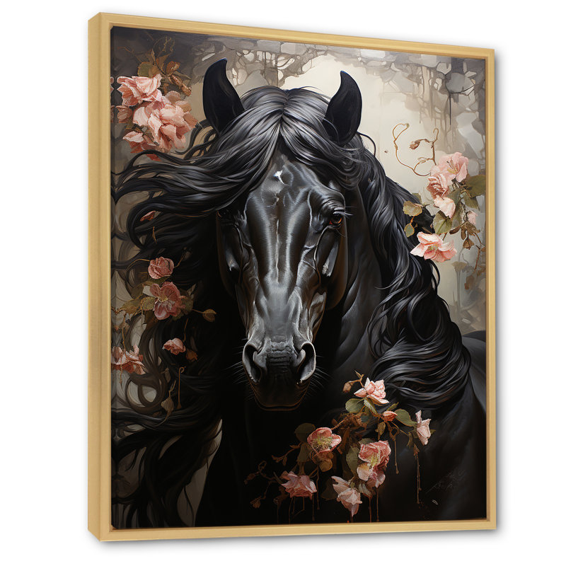 «Black Flower Stallion», reproduction sur toile encadrée, Cadre naturel flottant, H 40 po x l 30 po x P 1,5 po