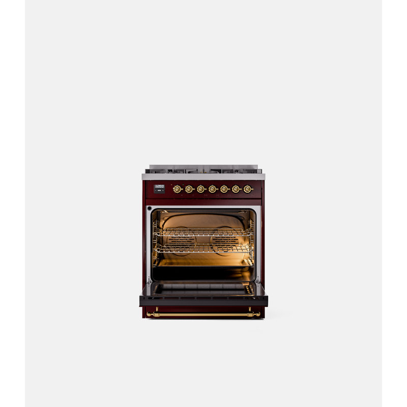 ILVE Nostalgie II 30 in Dual Fuel Range, Burgundy/Brass, Liquid Propane