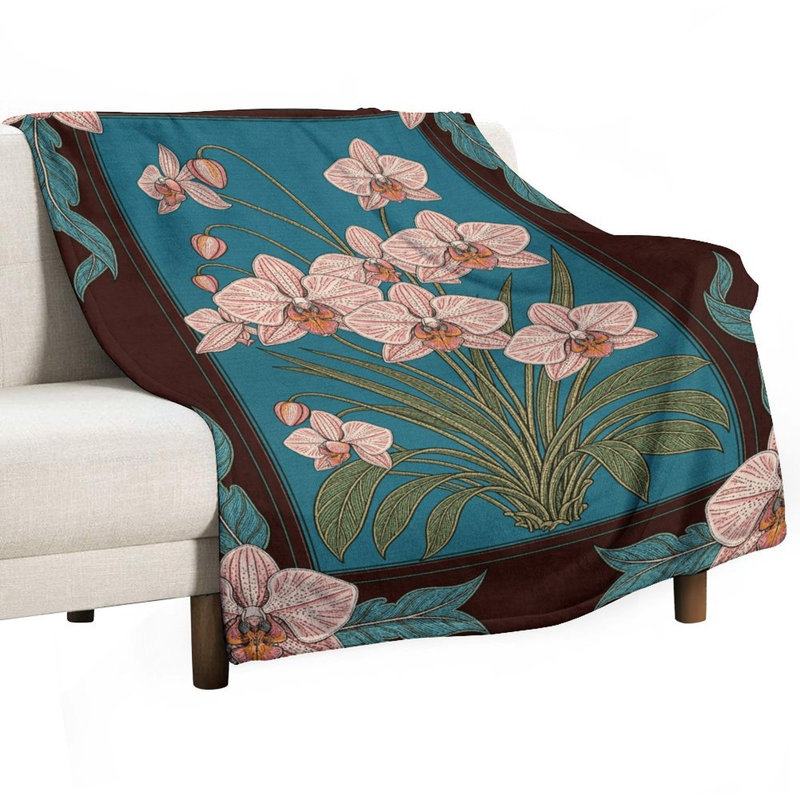 Plaid en flanelle de luxe à motif d'orchidées, doux et chaud, idéal pour le salon, le canapé ou le lit. Décoration intérieure.