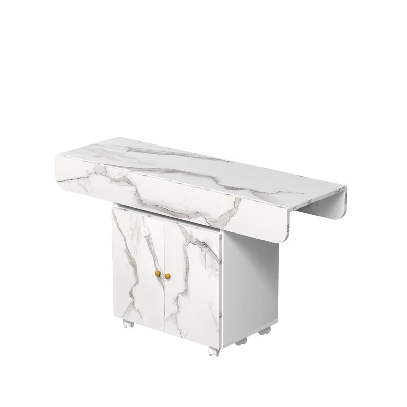 47" Wood Folding Dining Table With Storage Rack And Cabinet, Removable Entryway Table With 6 Wheels, White Marble Color Kitchen Island, Side Table And Coffee Table Versatile Table Space Saving