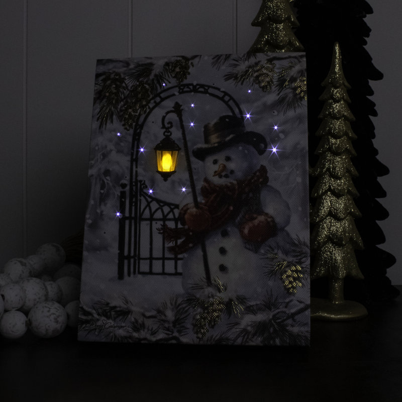 White Gold Snowman 8X6 Lighted Tabletop Canvas