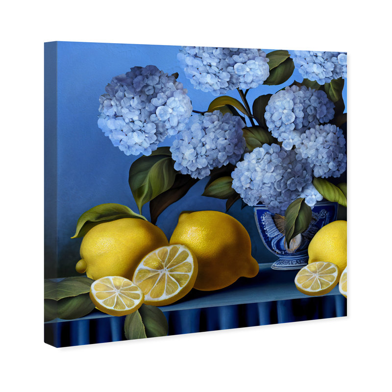 Vase hydrangées et citrons - impression, Toile tendue, H 12 po x l 12 po, Sans cadre