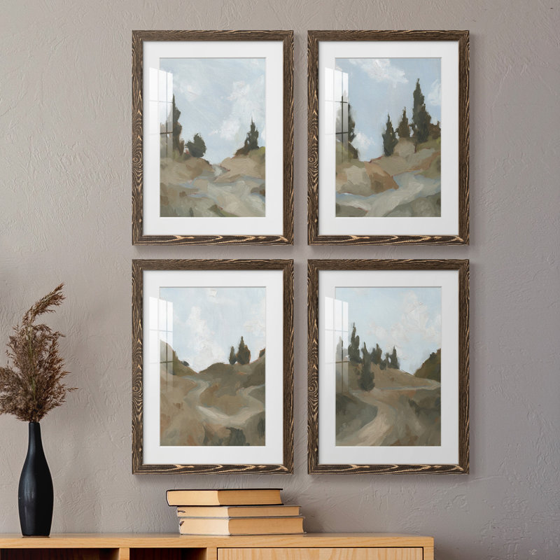 Ensemble de 4 peintures sur cadre West West, Cadre noyer, H 20 po x l 68 po x P 1,5 po