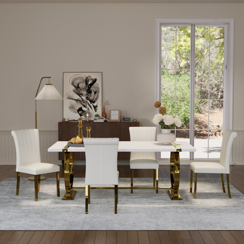 Ensemble de table de salle à manger 5 pièces de luxe blanc et doré avec 4 chaises en cuir blanches, Blanc, Doré
