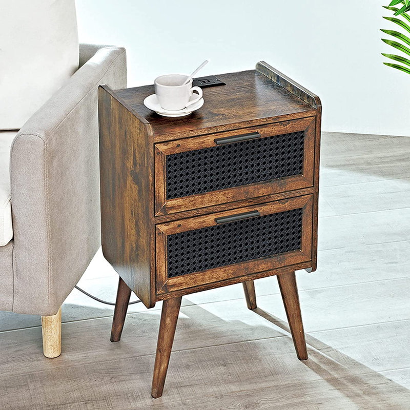 Table de chevet 2 tiroirs en bois massif brun / noir Gundelinda