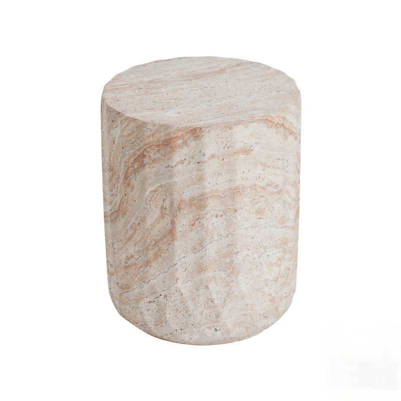 Outdoor/Indoor Lightweight Concrete Side Table, Cylinder Travertine Finish For Elegant And Durable Accent