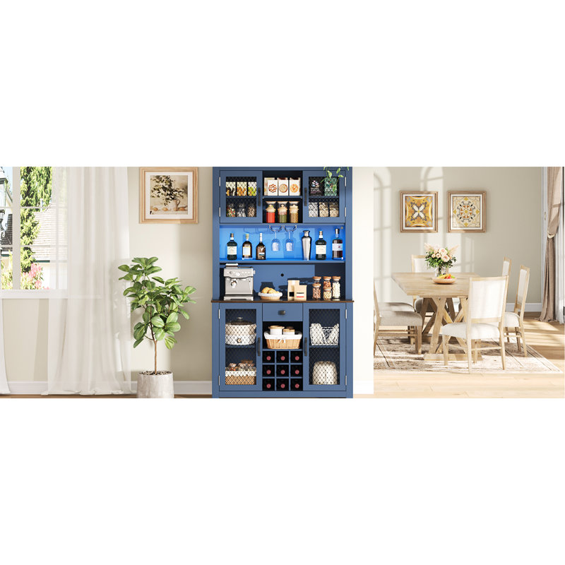 Armoire de cuisine 70,9 po bleu marine avec rangement pour bouteilles de vin, support en verre, tablettes réglables et éclairage à DEL pour le salon