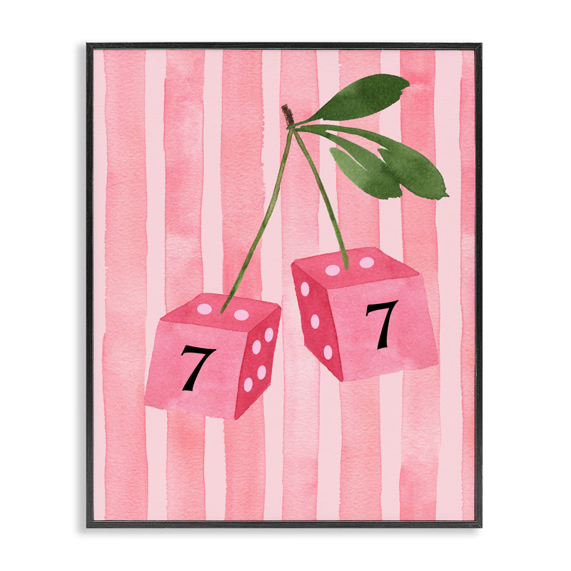 Lucky Number 7 Cherry Dice, estampe numérique, design par Nina Jacobs, H 14 po x l 11 po, Giclée encadrée noir minuit