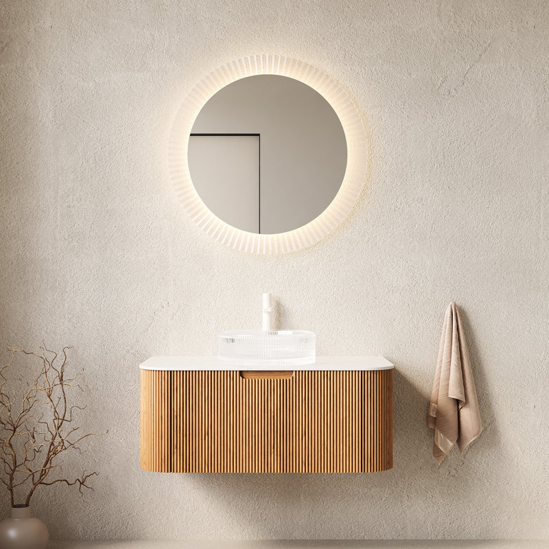 Meuble-lavabo de salle de bain 36 po avec lavabo en cristal transparent de couleur naturelle, lavabo rond à fermeture en douceur, tiroir, système, grand espace de rangement