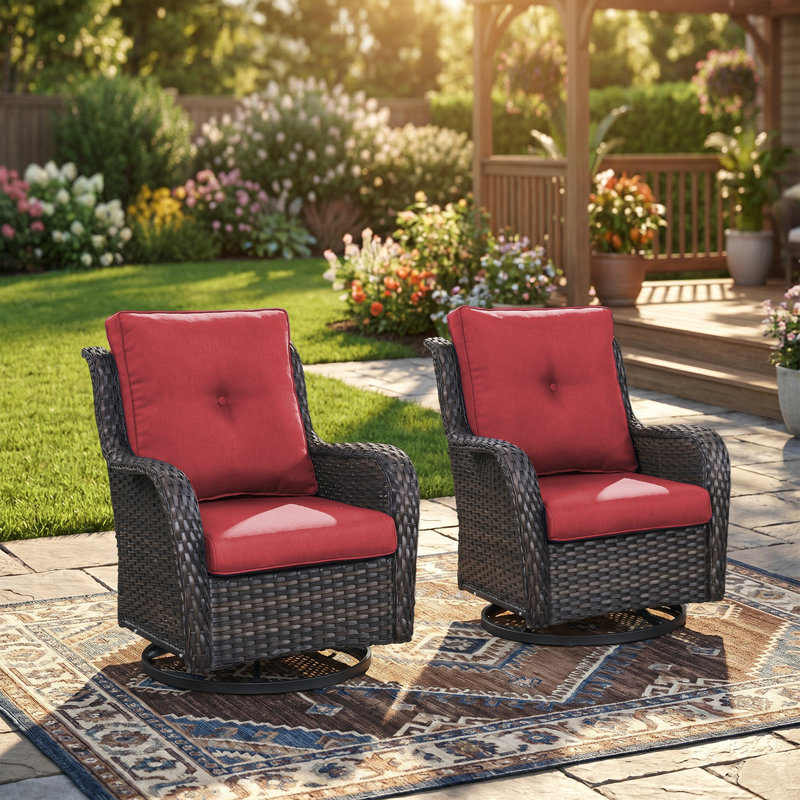 Swivel and sliding wicker patio chairs, Brun, Rouge