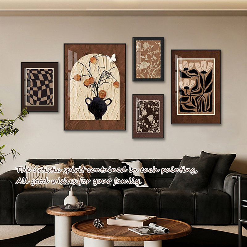 Art mural rétro brun à motif floral de cinq pièces pour le salon, H 27,56 po x l 19,69 po