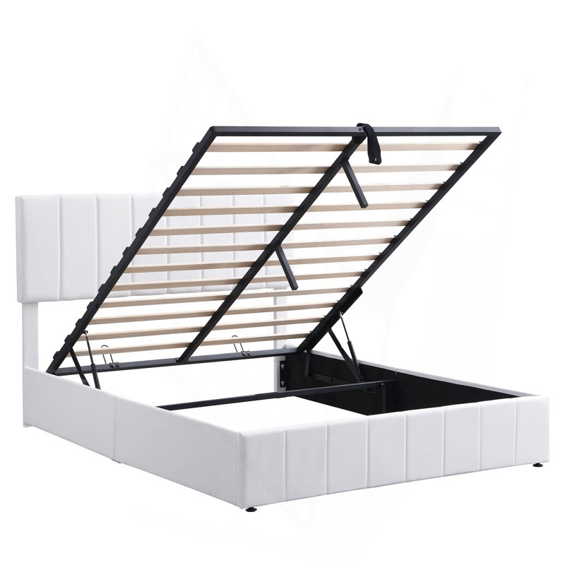Grand lit plateforme tapissier avec système de rangement hydraulique, Blanc, Grand lit
