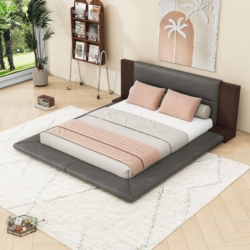 Wood Platform Bed with Extended Upholstered Headboard and Slats, Queen