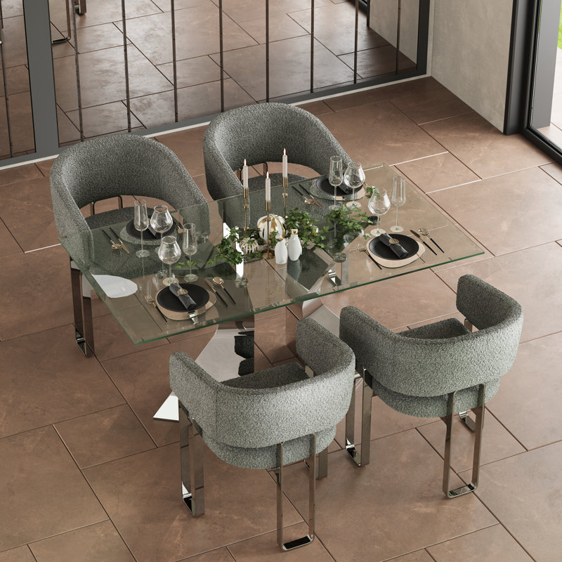 Ensemble de 2 chaises de salle à manger rembourrées en tonneau gris avec accoudoirs et structure en métal argenté miroir