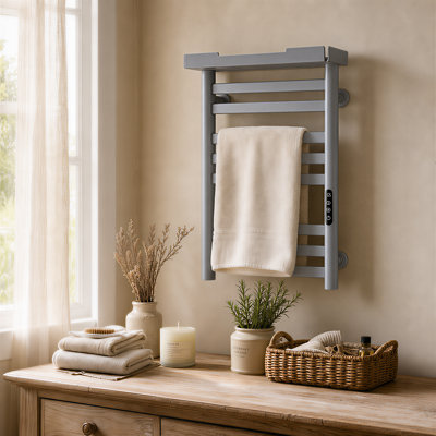 Heated Towel Rack with Shelf and Wi-Fi App Control, 8 Bars Electric Wall Mounted Towel Warmer with Timer & Adjustable Temperature, Low Carbon Steel, Plug-in/Hardwired, Gray