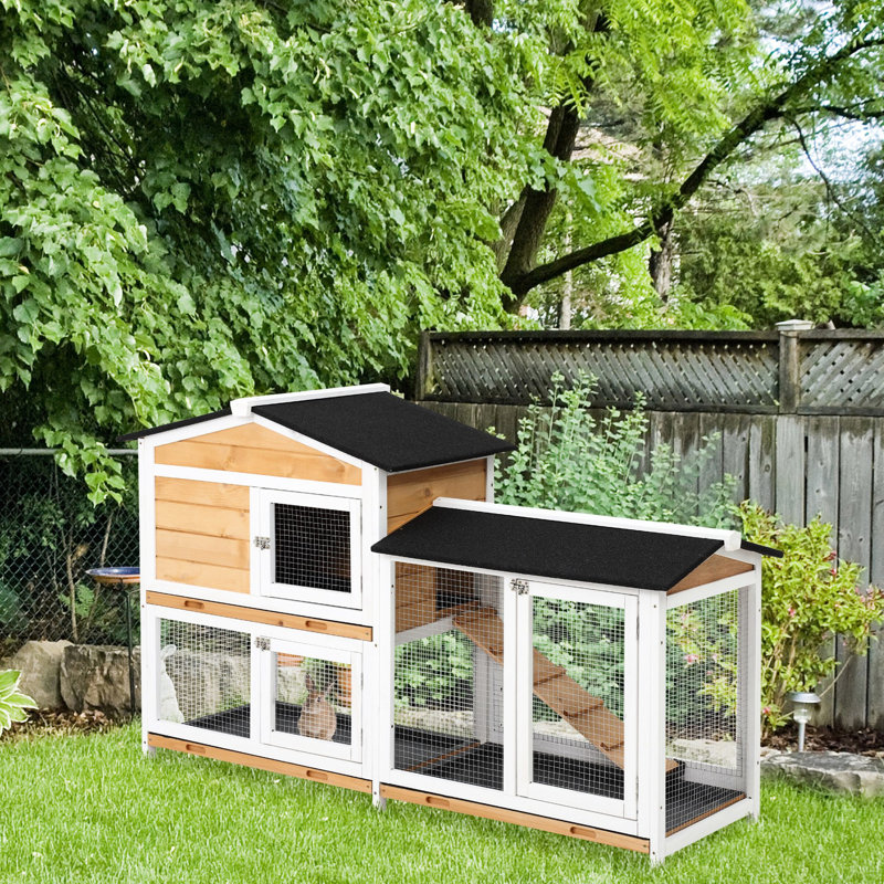 Cage en bois à 2 étages avec rampe et plateau sans fuites pour l'extérieur intérieur et jaune